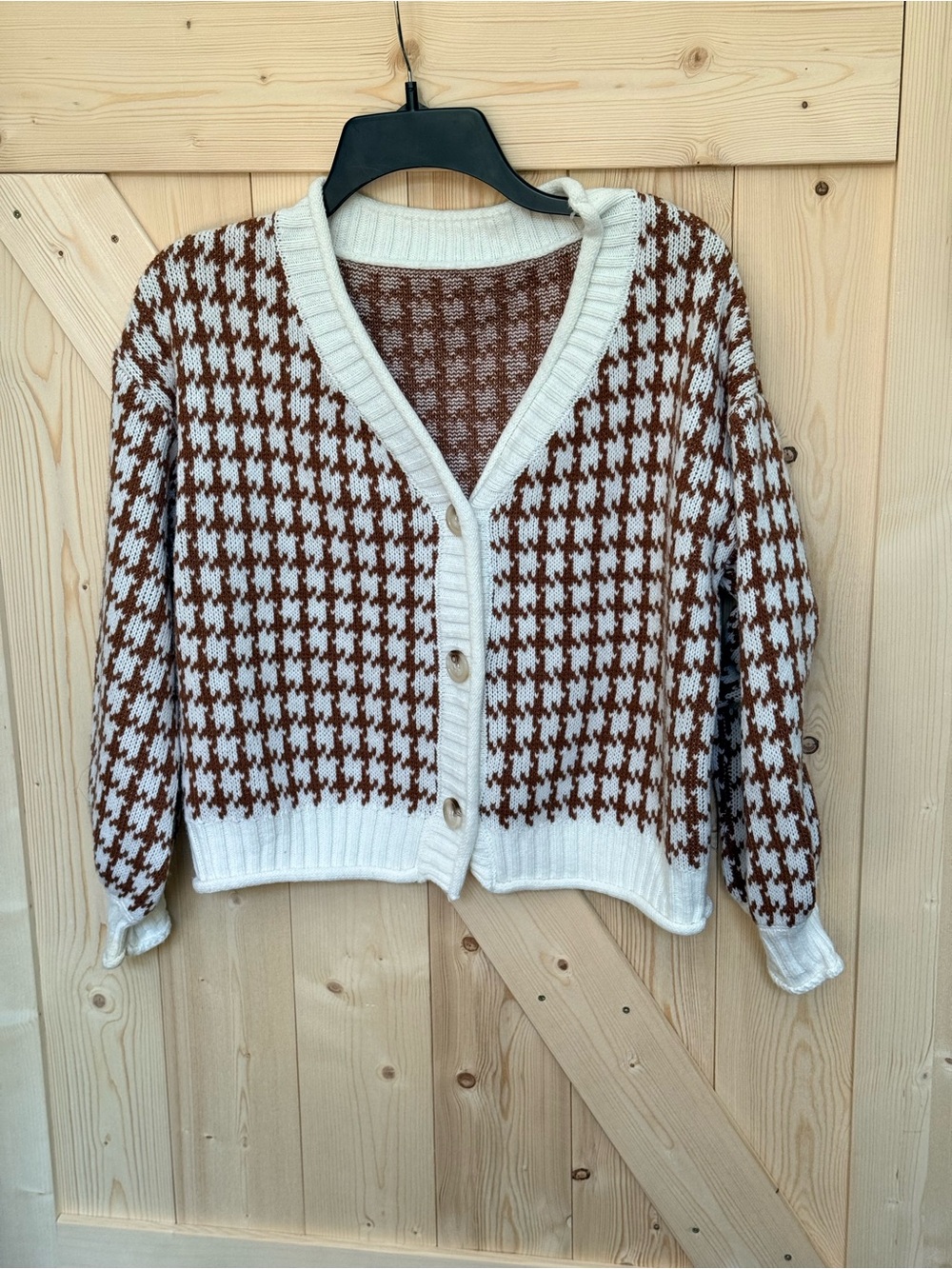 SHEIN Brown & Cream Houndstooth Button Cardigan